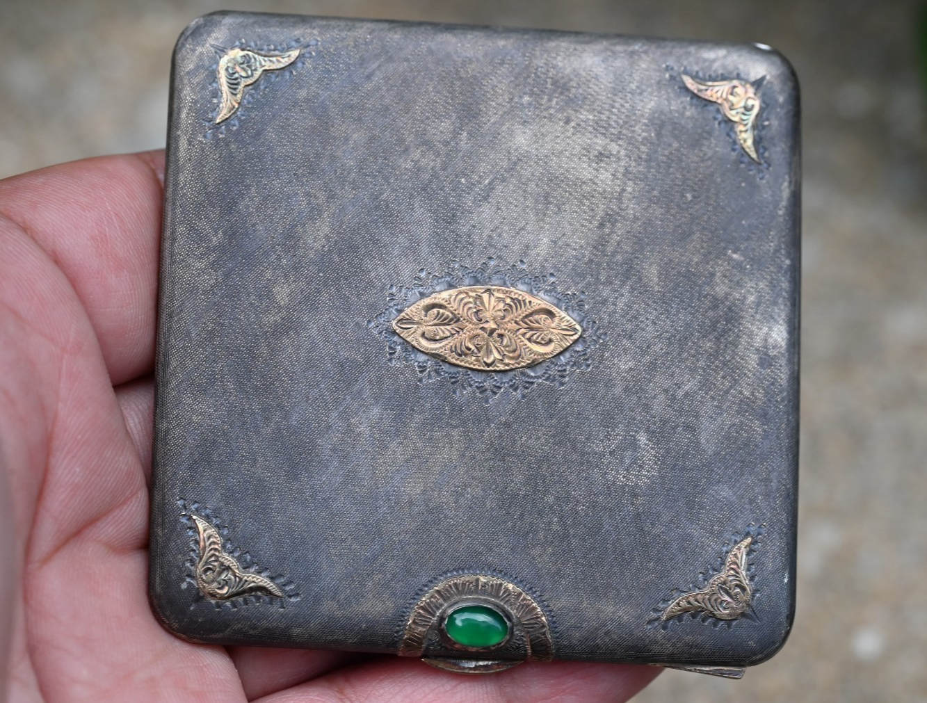 Early Italian Art Deco Style Sterling Silver & 18K Powder Compact & Mirror Case0