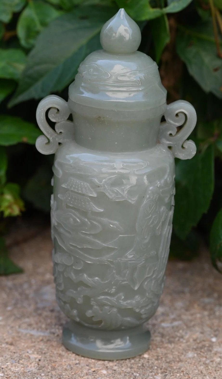 Beautiful Mid-20th C. Chinese Light Green Jade Lidded Vase With Carved People0