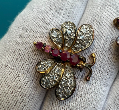 Super Beautiful Pair of Gold Gilt Sterling Silver Ruby Butterfly Brooch Pins4