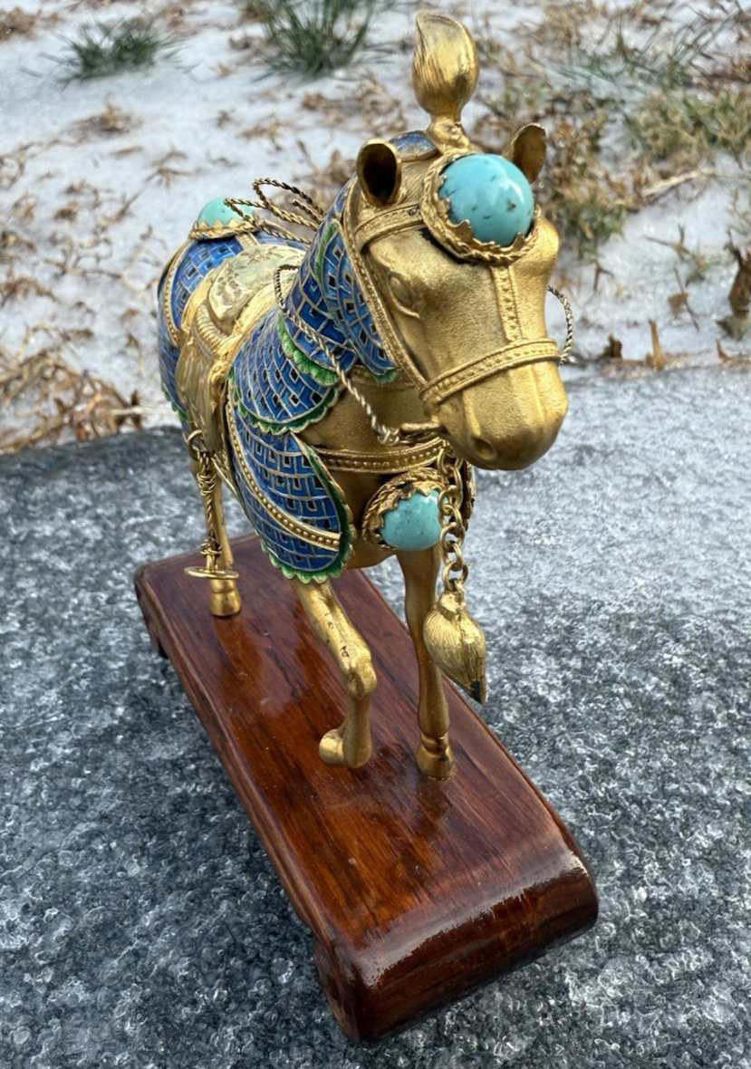 Majestic Chinese Vintage Enamel Gilt Export Silver  Horse w/ Turquoise Gems3