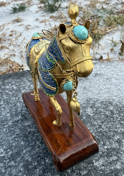 Majestic Chinese Vintage Enamel Gilt Export Silver  Horse w/ Turquoise Gems3