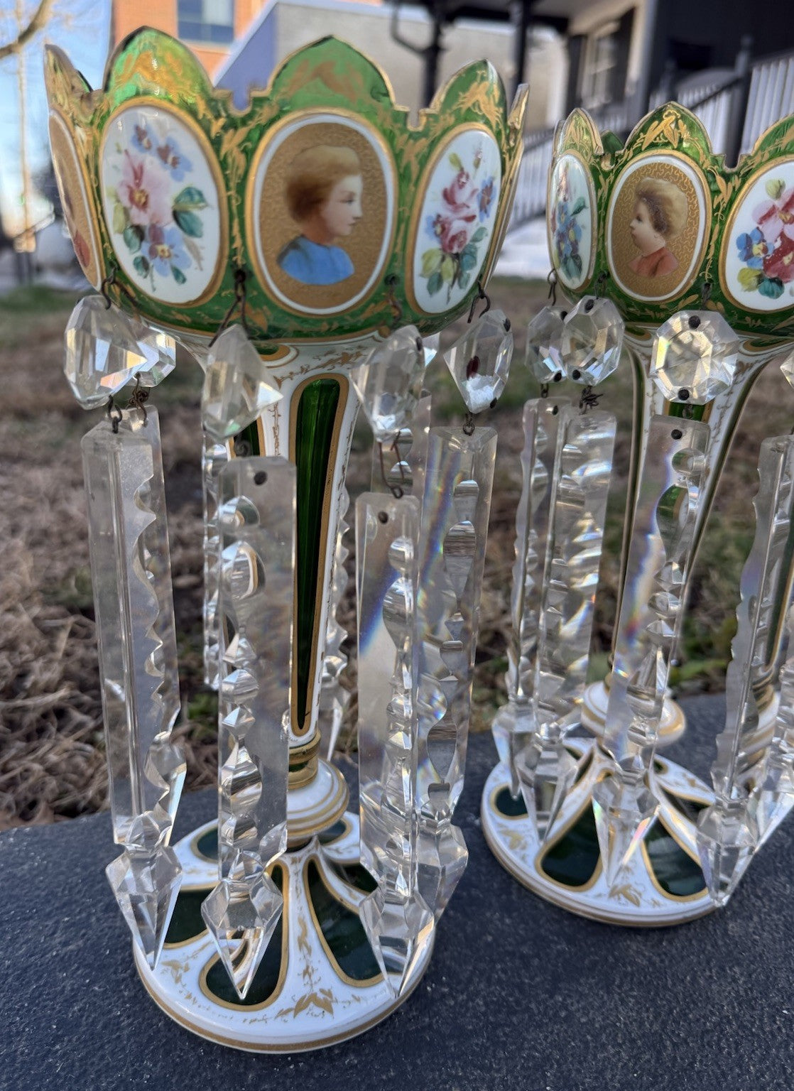 Antique 19th C. Bohemian Moser Glass Emerald Green Enameled & Gilt Lustres4