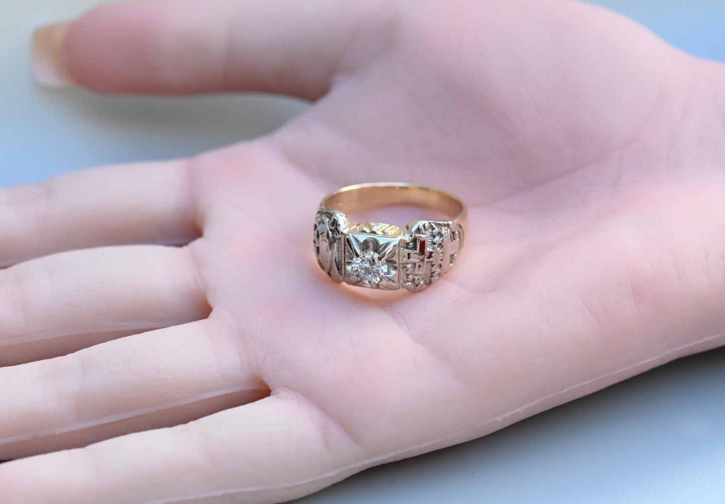 Awesome Vintage Two Tone 14k Gold Masonic Ring with .65 ct Round Diamond6