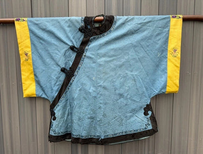 Antique Qing Dynasty Chinese Silk Embroidery Robe In Blue With Yellow Sleeve End0