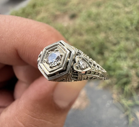 Hearts Design Antique Edwardian / Art Deco 1900s Diamond 18k White Gold1