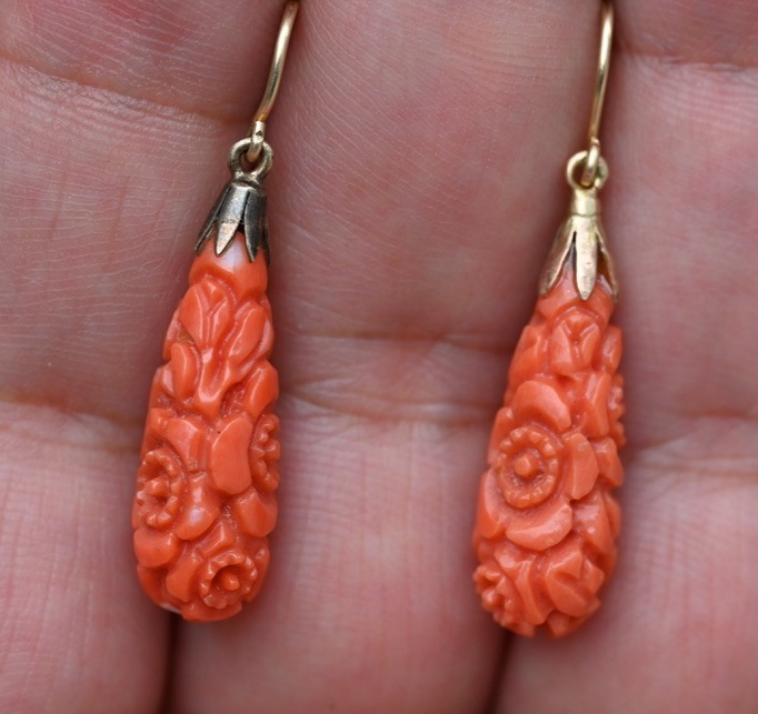 Antique Hand Carved Natural Red Coral Drop Dangle Earrings with Floral Motif 14K0