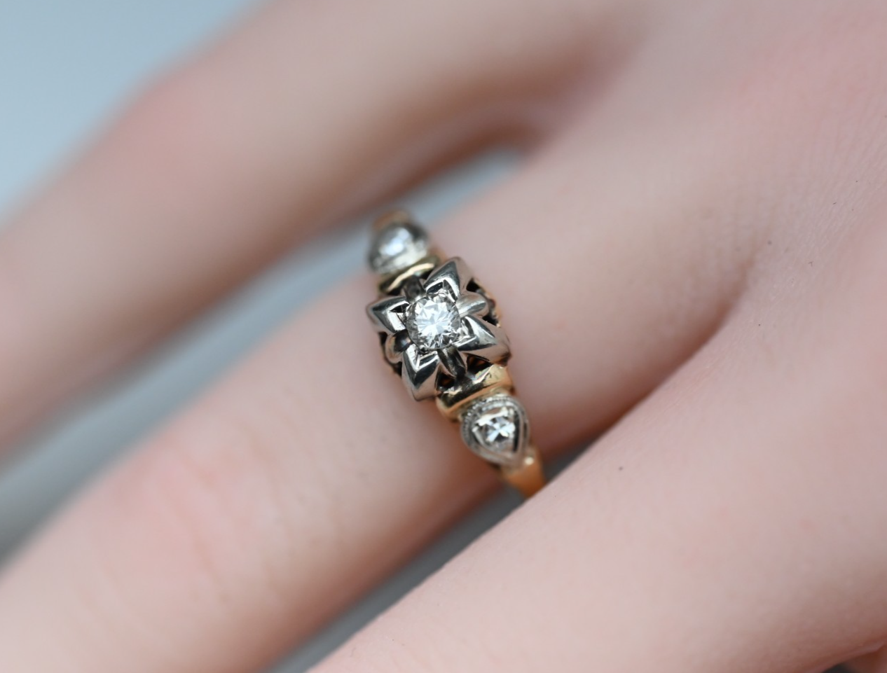 Elegant Antique Art Deco Two Tone 14k Gold Ring with Natural Diamonds4