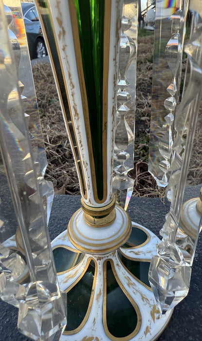 Antique 19th C. Bohemian Moser Glass Emerald Green Enameled & Gilt Lustres18