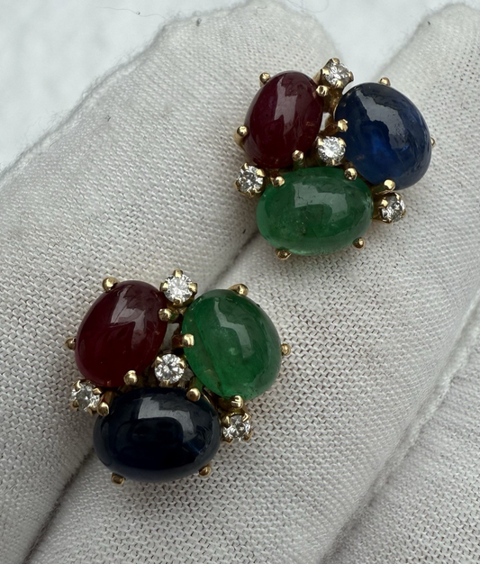 Stunning 18k Yellow Gold Bubble Earring W/ Natural Emerald, Sapphire & Rubies0