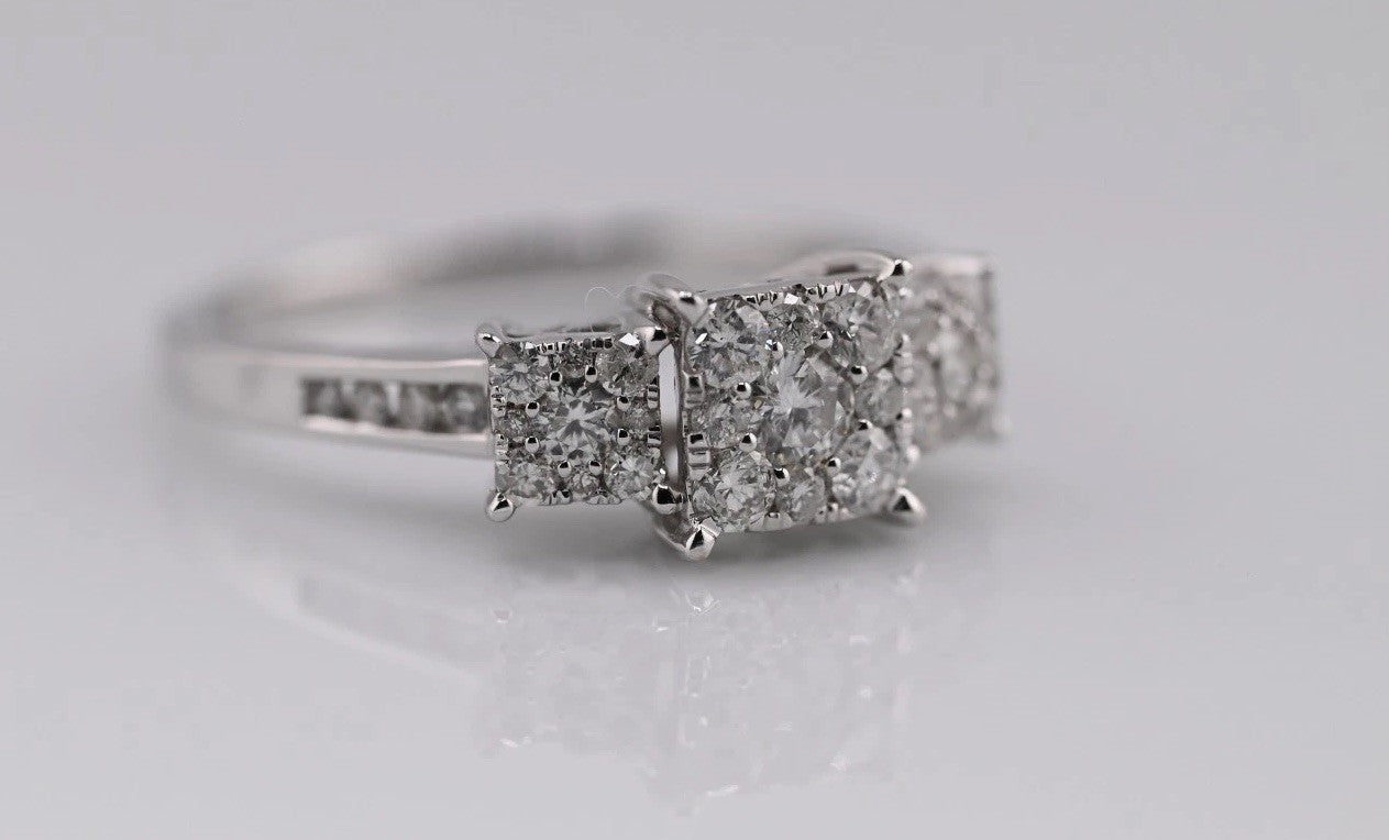 Beautiful Square Cluster Three Stone Diamond Engagement Ring 14K White Gold4