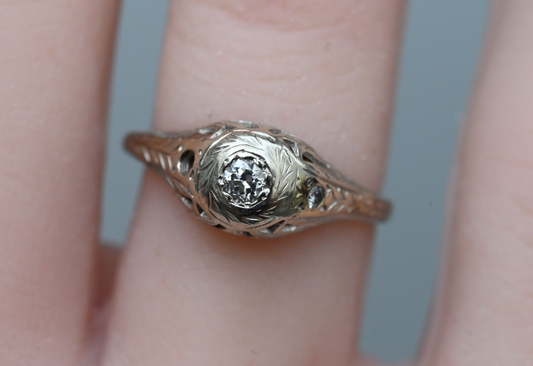 Lovely Art Deco era Ring with Intricate Filigree Work & Antique Cut Diamonds0