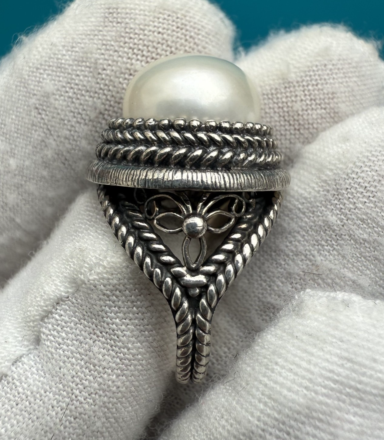 Stunning Mabe Pearl & Sterling Silver .925 Ring Marked BJ, China3