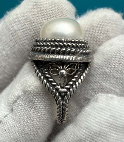 Stunning Mabe Pearl & Sterling Silver .925 Ring Marked BJ, China3