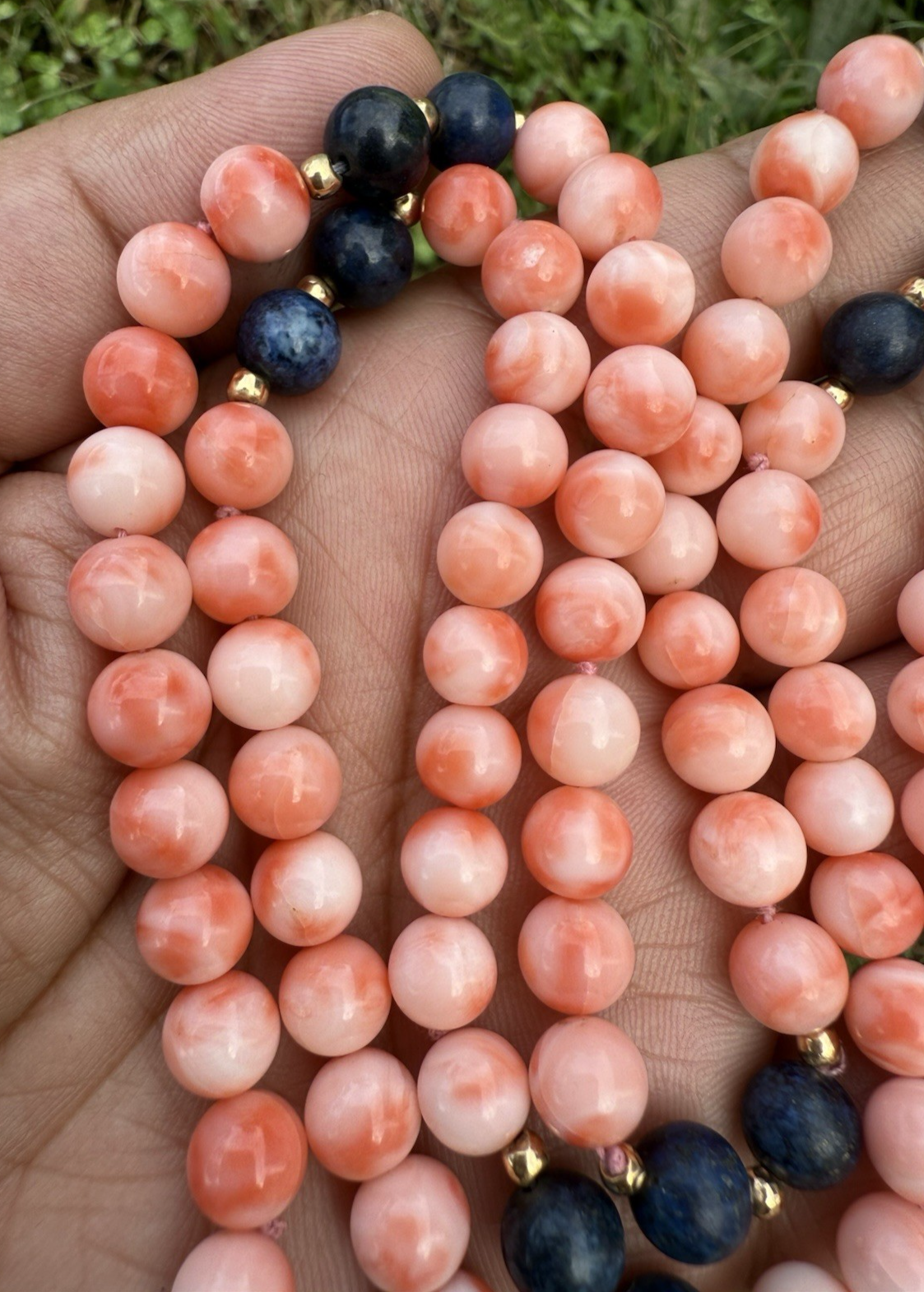Beautiful White Angel Skin Coral & Lapis Beaded Necklace with 14K Gold Spacers2