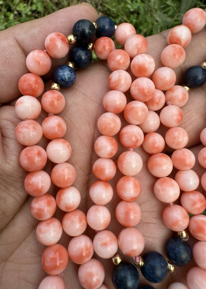 Beautiful White Angel Skin Coral & Lapis Beaded Necklace with 14K Gold Spacers2