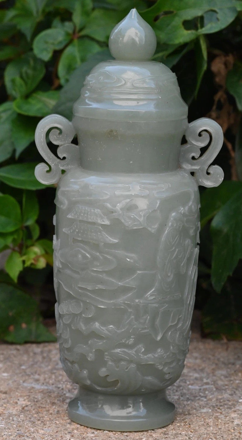 Beautiful Mid-20th C. Chinese Light Green Jade Lidded Vase With Carved People10