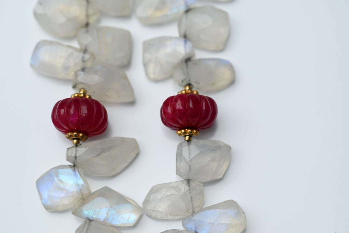 Gold Gilt Sterling Silver Necklace with Moonstone Petals & Red Ruby Gems4