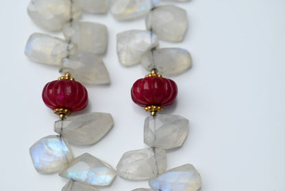 Gold Gilt Sterling Silver Necklace with Moonstone Petals & Red Ruby Gems4
