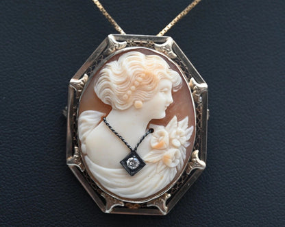 Gorgeous Carved Shell Cameo Brooch Pendant With Diamond Necklace 14K White Gold0