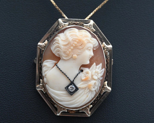 Gorgeous Carved Shell Cameo Brooch Pendant With Diamond Necklace 14K White Gold0