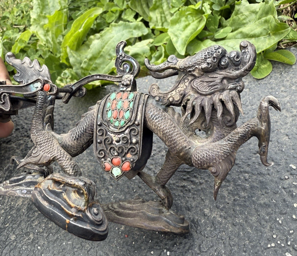 Antique Chinese Silver Sculpture of Dragon-Drawn Celestial Carriage Jade Wheels10