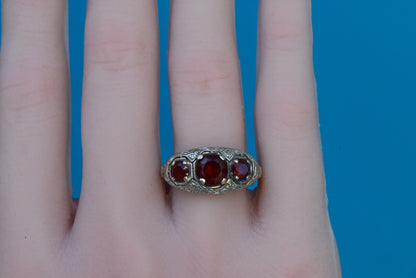 Antique Filigree Art Deco 18K White Gold Ring w/ Deep Red Gemstones3