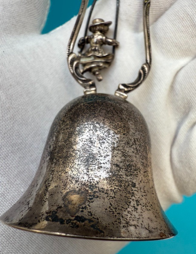 Unique  Antique West German Sterling Silver Bell w/ Woman on Swing 5