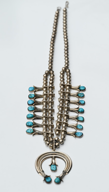 Lovely Native American Blue Turquoise & Sterling Silver Squash Blossom Necklace0