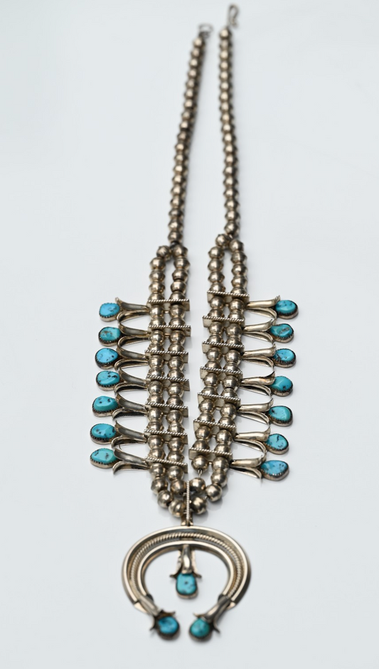 Lovely Native American Blue Turquoise & Sterling Silver Squash Blossom Necklace0