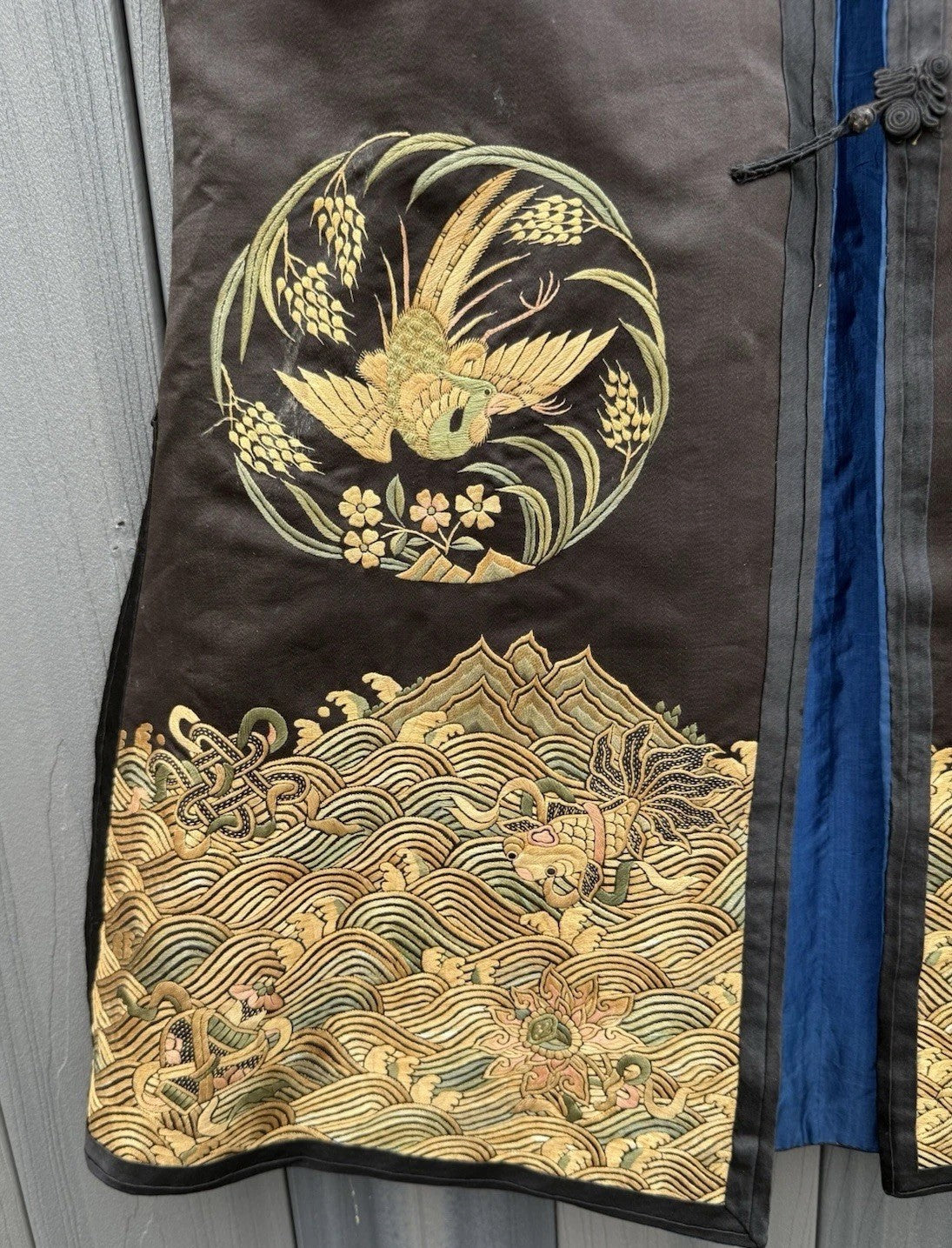 Early Antique Qing Dynasty Chinese Black Silk Embroidery Robe With Crane Birds4