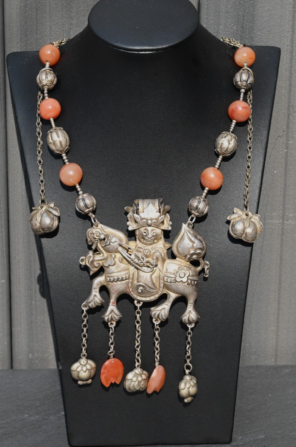 Early Antique Chinese Silver Necklace with Chillin Dragon, Flowers & Carnelian0