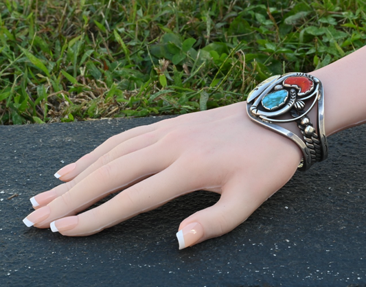 Old Heavy Native American Sterling Silver Cuff Bracelet w Turquoise & Coral Gems1