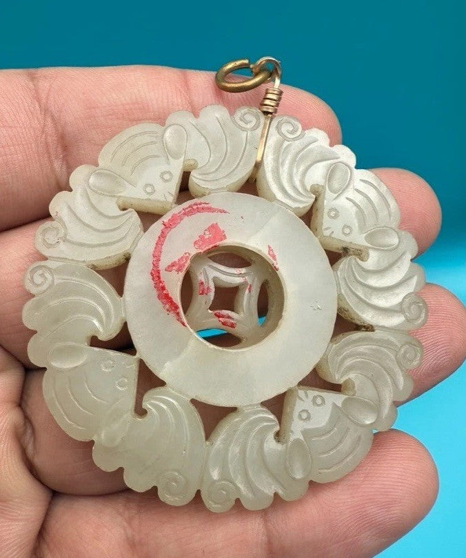 Amazing Antique Carved Chinese Lucky Bat Jade Pendant With Spinning Center6