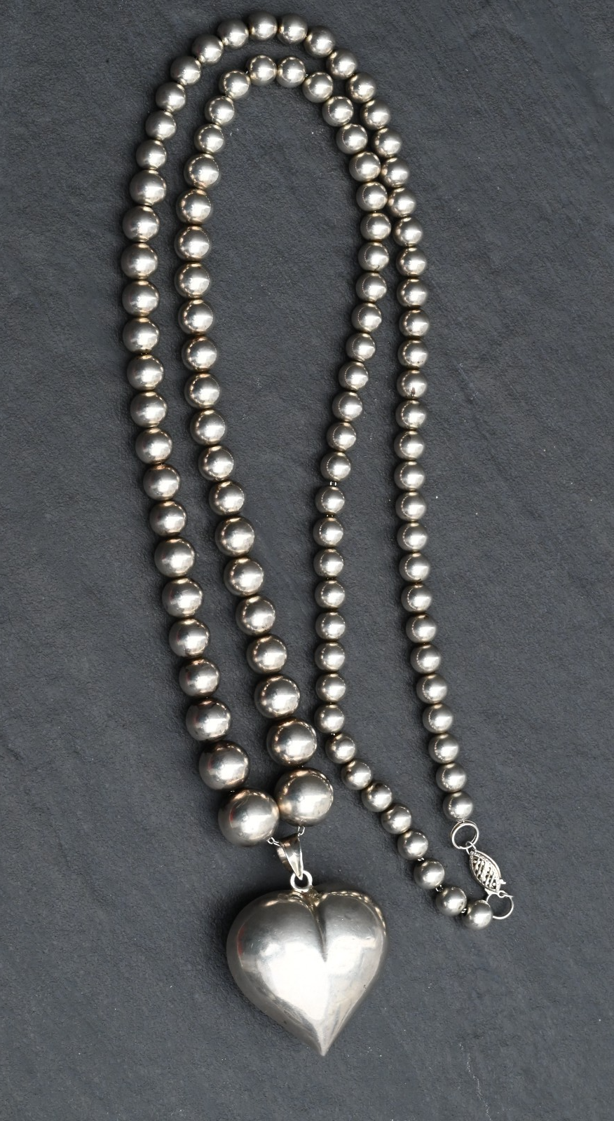 Beautiful Vintage Sterling Silver Beaded Necklace with Puffy Heart Pendant0