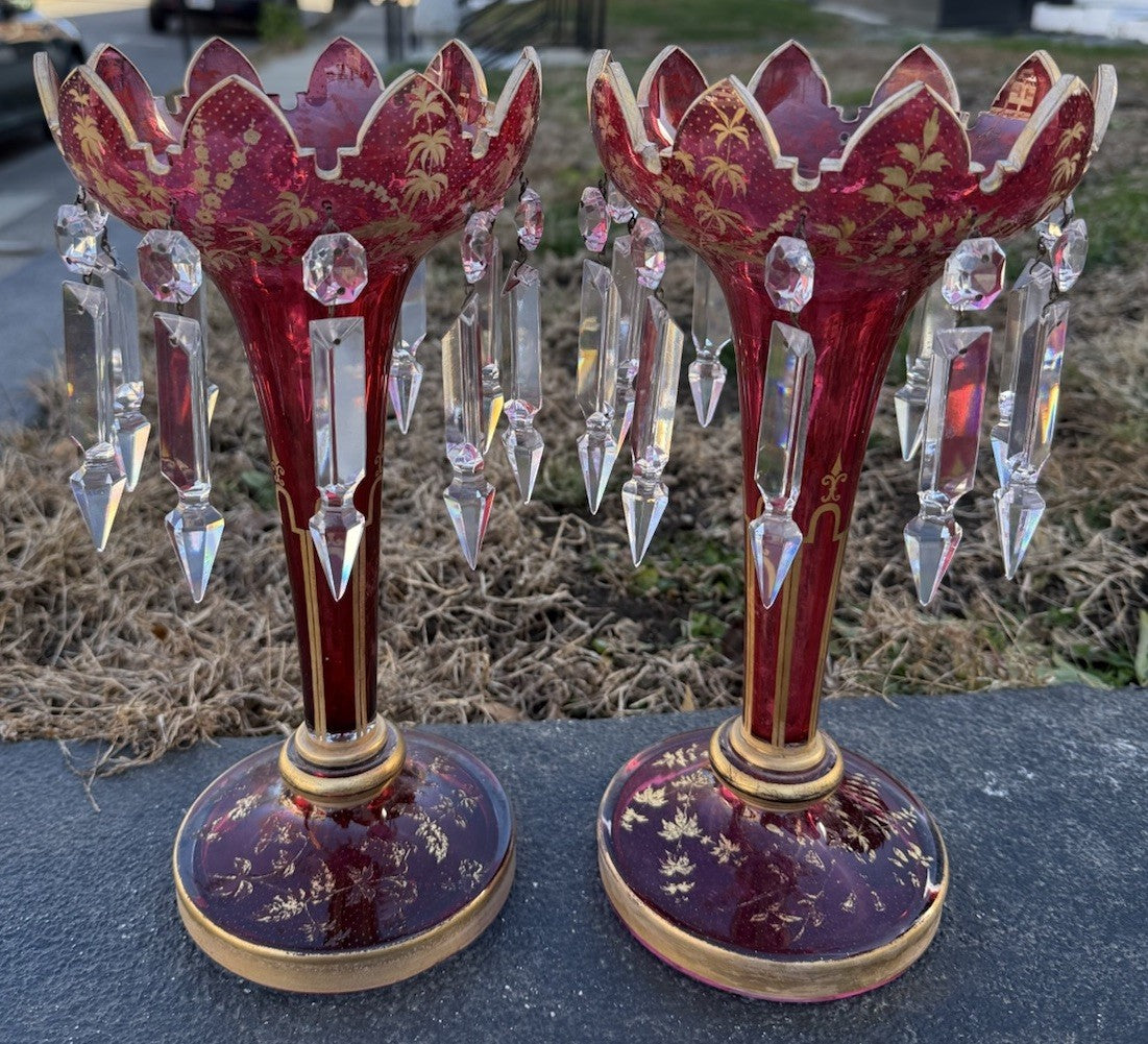 Stunning Antique 19th C. Bohemian Moser Art Glass Lustres in Ruby Ruby Color0