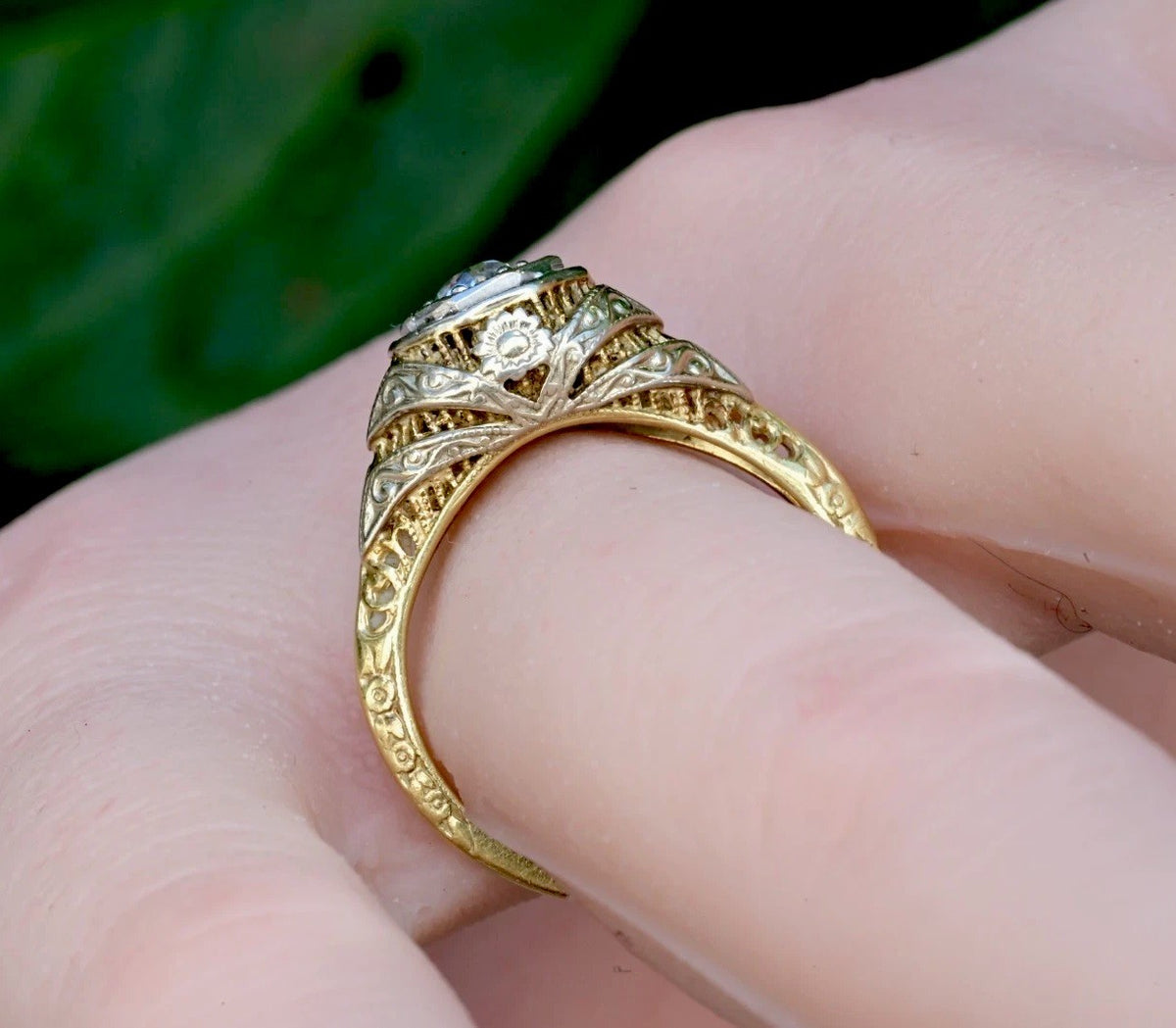 Elegant Antique 14K Bi Color Gold Ring w/ .30 ct Old Mine Cut Diamond IGI Cert0