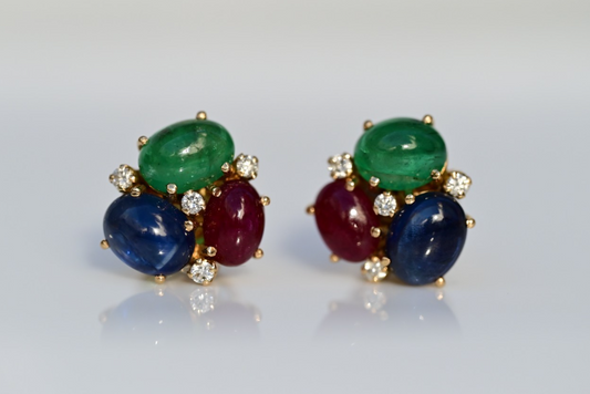 Emerald, Sapphire, Ruby & Diamond 18k Yellow Gold Bubble Earrings IGI Certified1