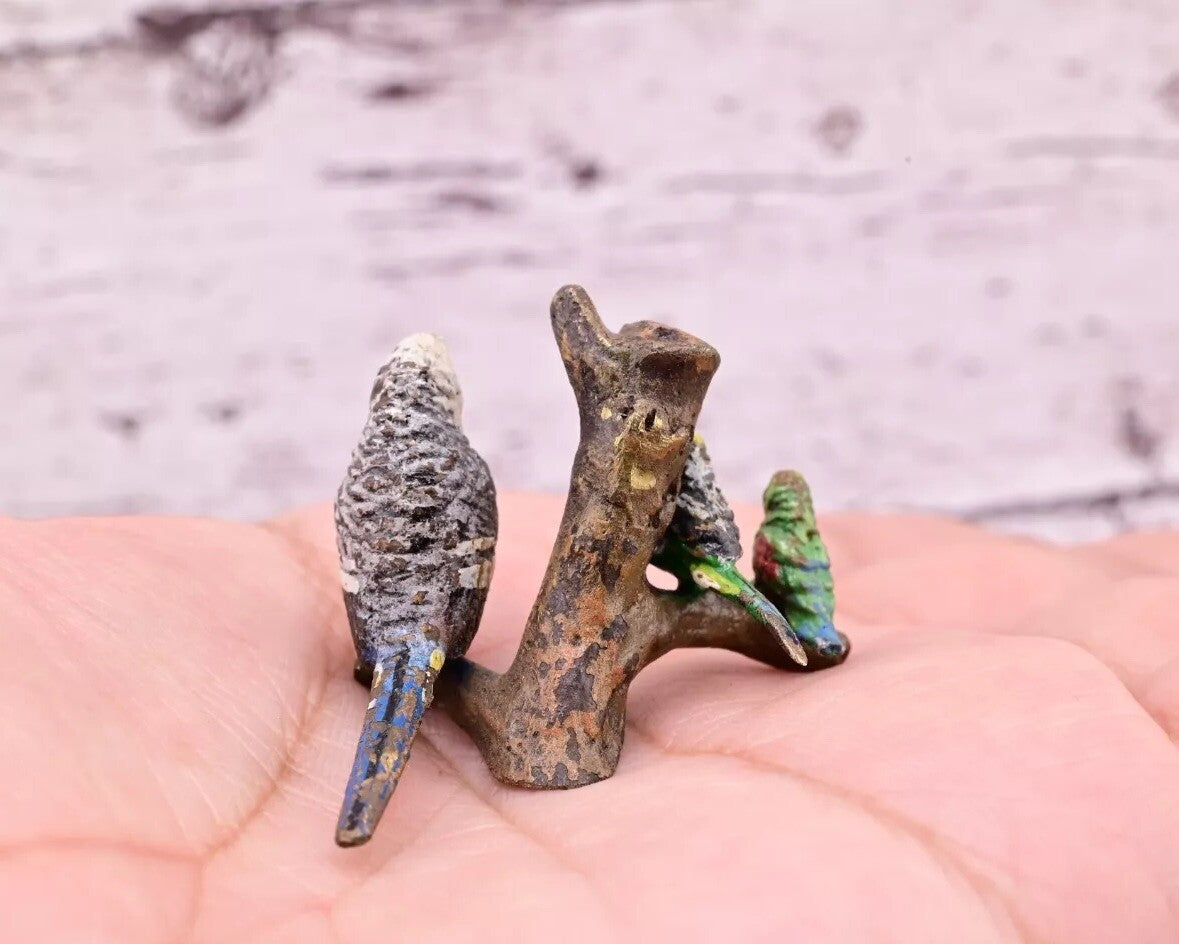 Attractive Antique Austrian Vienna Cold Painted Bronze Figure of Parakeet Family2