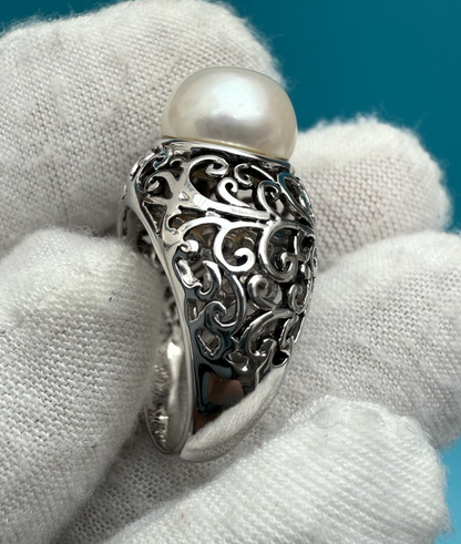 Gorgeous Sterling Silver Ring with Large Cultured Pearl & Intricate Openwork4