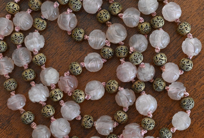 Antique / Vintage Chinese Beaded Pink Quartz Necklace with Gilt Silver Beads1