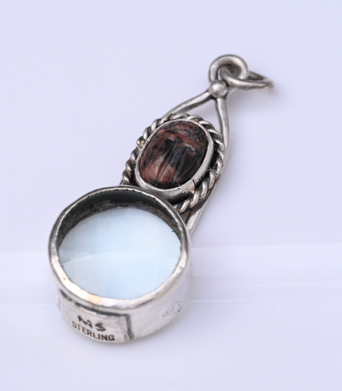 Signed MS Sterling Silver Southwest Jewelers Loupe W/ Stone Scarab Beetle0