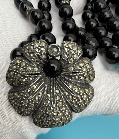 Gorgeous Double-Strand Black Onyx and Sterling Silver Marcasite Flower Necklace4