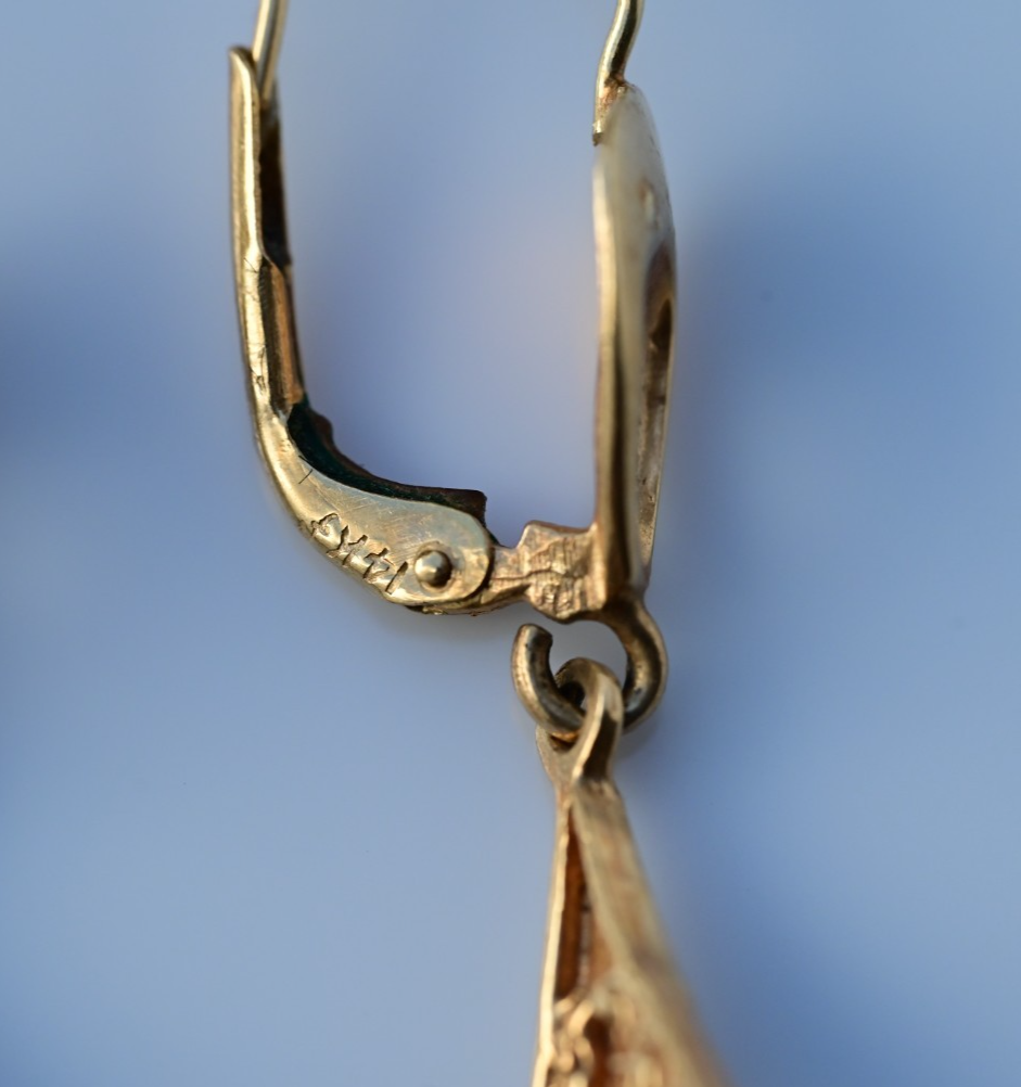 Antique Filigree Yellow Gold Drop Earrings Marquise-cut Blue Turquoise Cabochons7