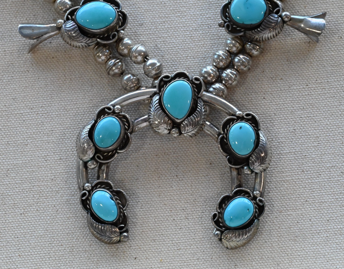 Lovely Native American Blue Turquoise & Sterling Silver Squash Blossom Necklace1