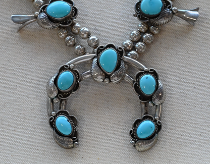 Lovely Native American Blue Turquoise & Sterling Silver Squash Blossom Necklace1