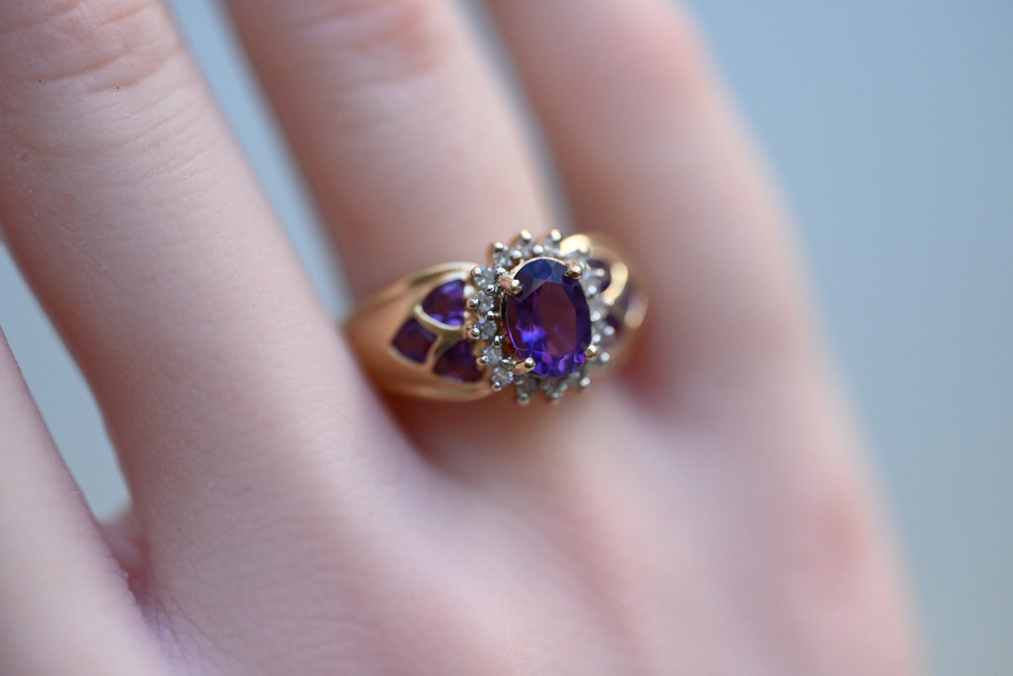 Gorgeous 14k Vintage-style Amethyst Cluster Cocktail Ring with Halo of Diamonds4