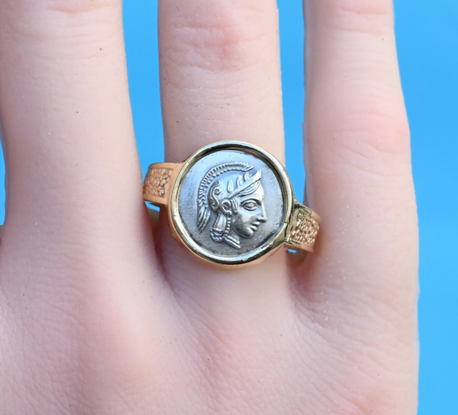 Amazing Goddess Athena & Her Owl Silver Coin Ring Set in 14K Yellow Gold0