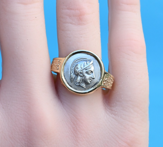 Amazing Goddess Athena & Her Owl Silver Coin Ring Set in 14K Yellow Gold0