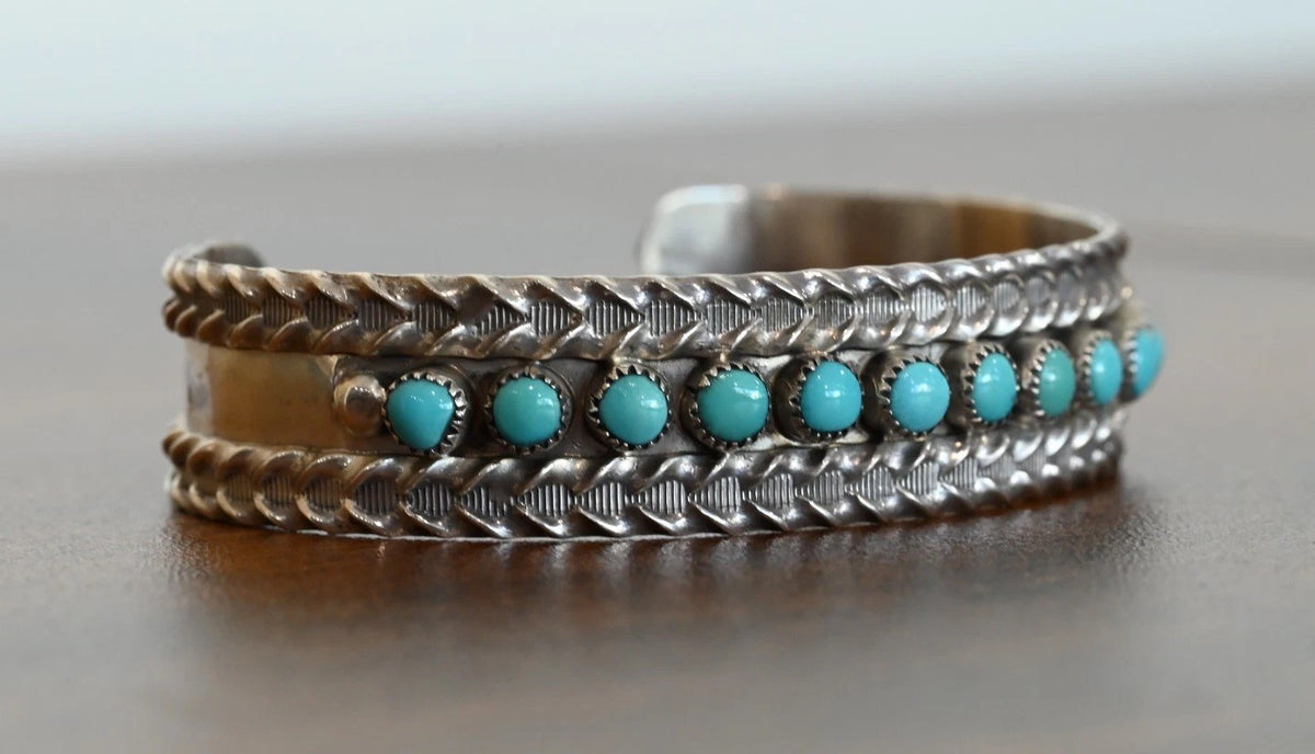 Gorgeous Signed B NATEWA Zuni Sterling Silver Cuff Bracelet with Turquoise Gems1
