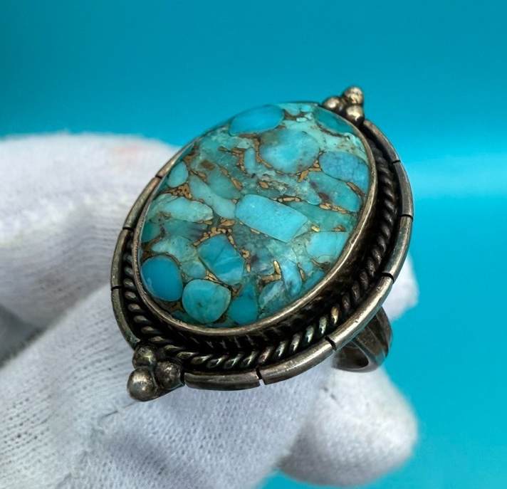 Superb Native American Signed Sterling Silver Ring w/ Turquoise Gem5